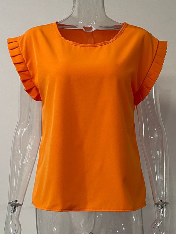 Ruffled Round Neck Cap Sleeve Blouse-Teresa's Fashionista LLC