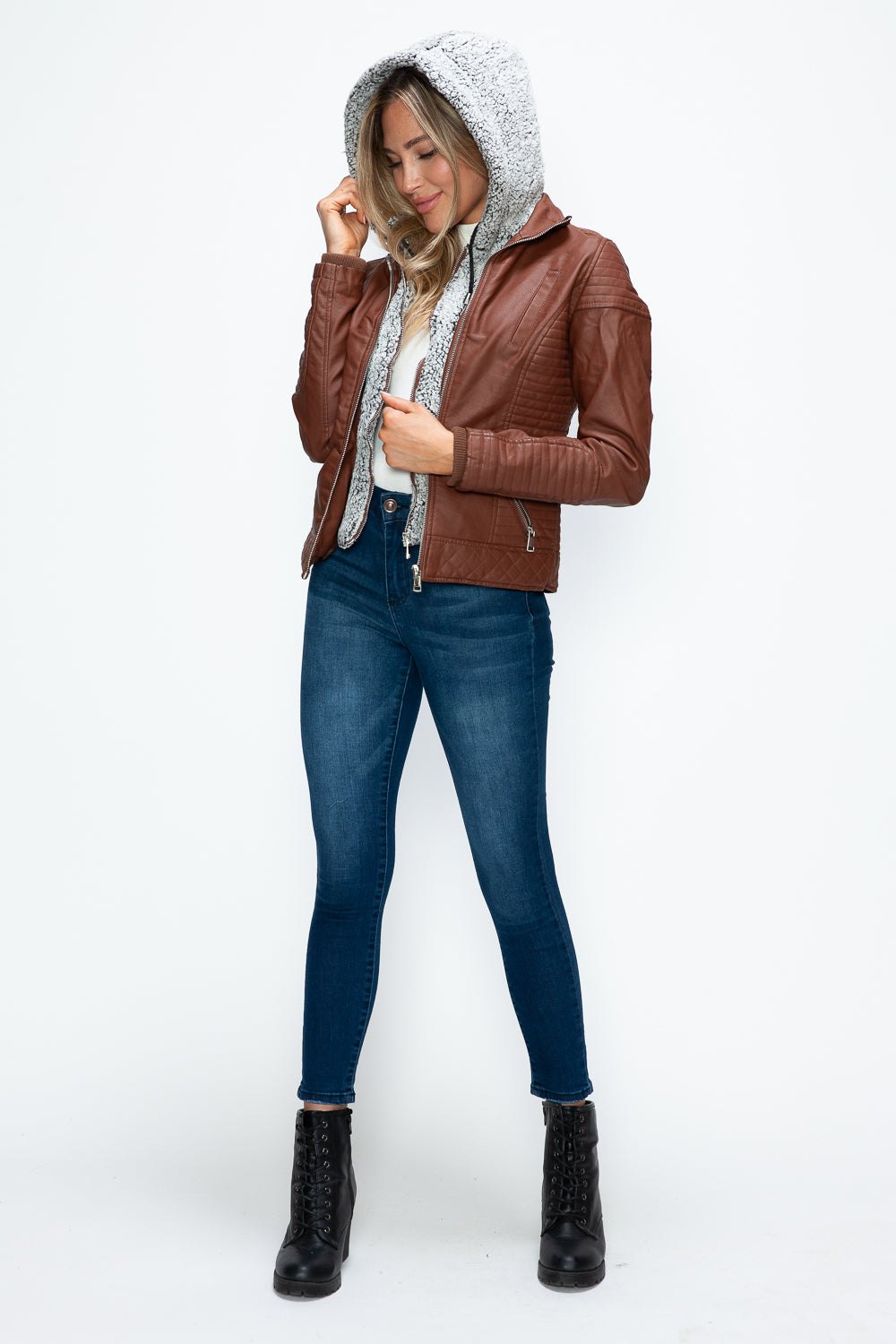 YMI Faux Layered Double-Zipper Jacket with Fuzzy Hood - Teresa's Fashionista LLC