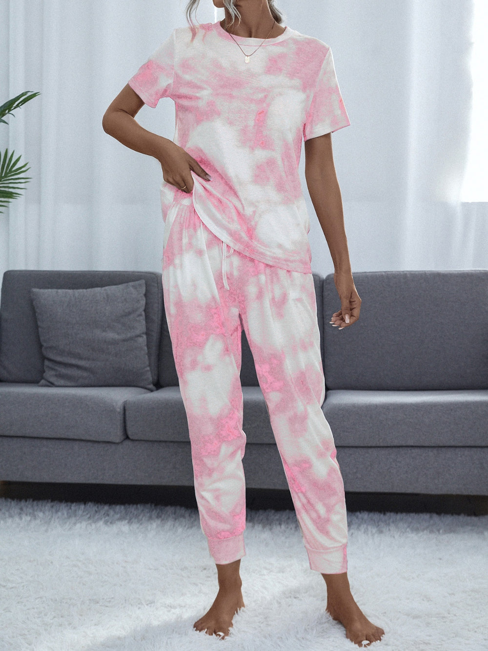Tie-Dye Round Neck Short Sleeve Top and Pants-Teresa's Fashionista LLC
