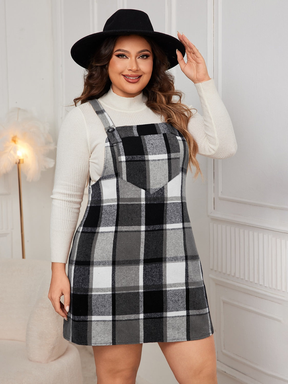 Honey Plus Size Plaid Wide Strap Overall Dress - Teresa's Fashionista LLC