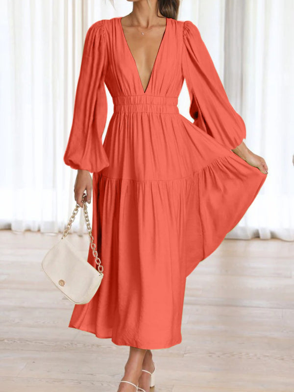 Deep V-Neck Balloon Sleeve Plain Maxi Dress-Teresa's Fashionista LLC