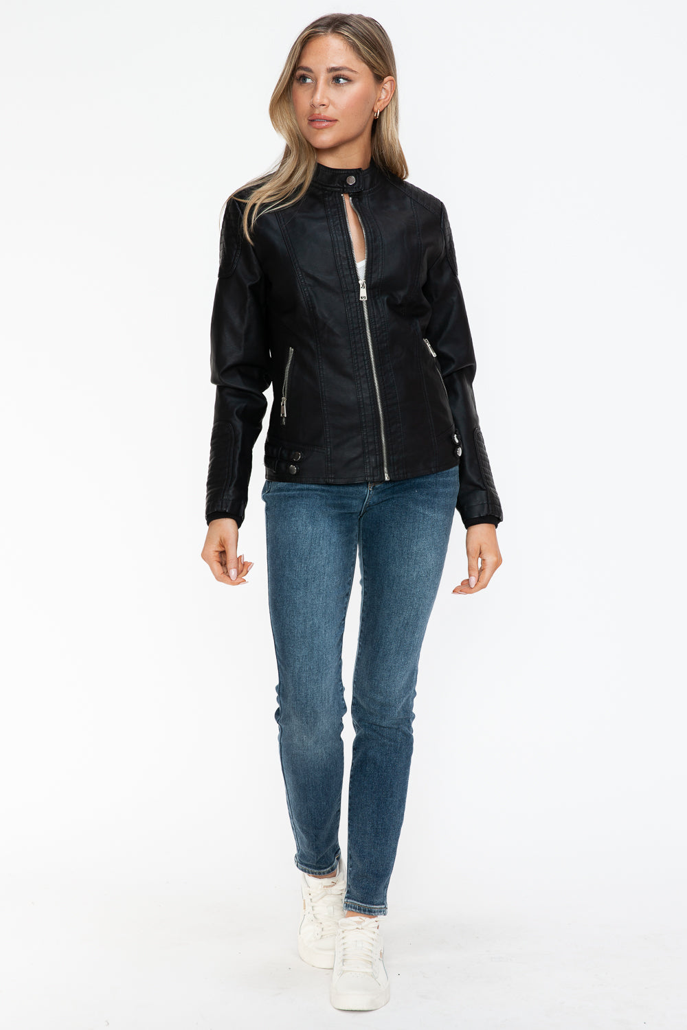Snobbish Faux Leather Biker Jacket with Side Zip Pockets - Teresa's Fashionista LLC