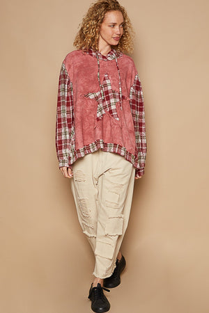 POL Star Patch Plaid Long Sleeve Hooded Top - Teresa's Fashionista LLC