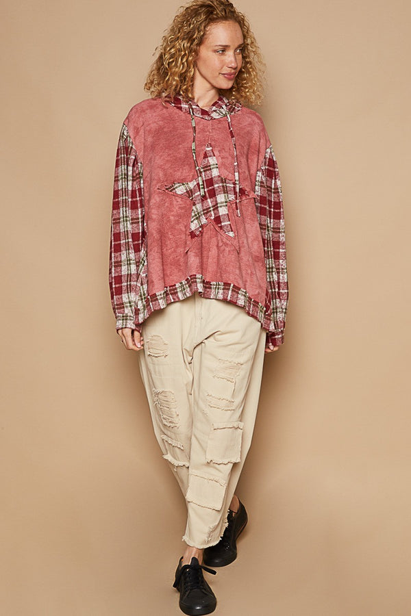 POL Star Patch Plaid Long Sleeve Hooded Top - Teresa's Fashionista LLC