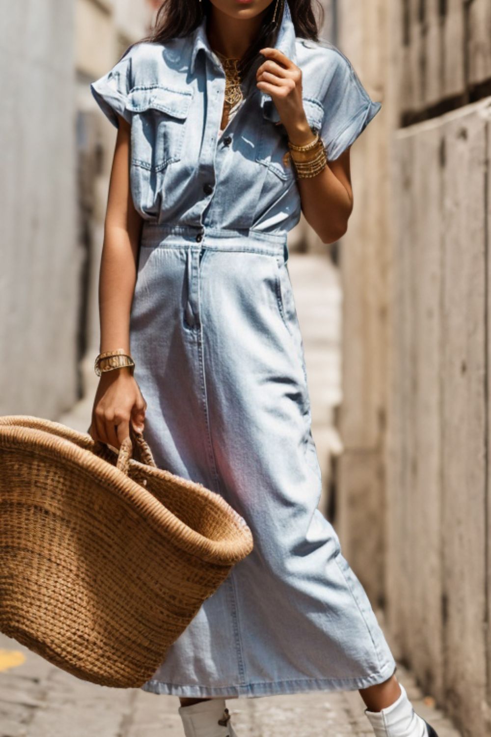 Slit Pocketed Half Button Denim Dress-Teresa's Fashionista LLC