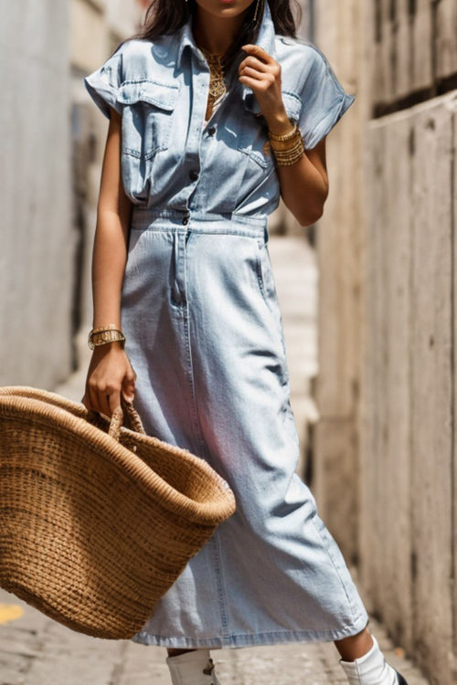 Slit Pocketed Half Button Denim Dress-Teresa's Fashionista LLC