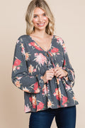 Super Lady Full Size Babydoll Floral Long Sleeve Blouse - Teresa's Fashionista LLC