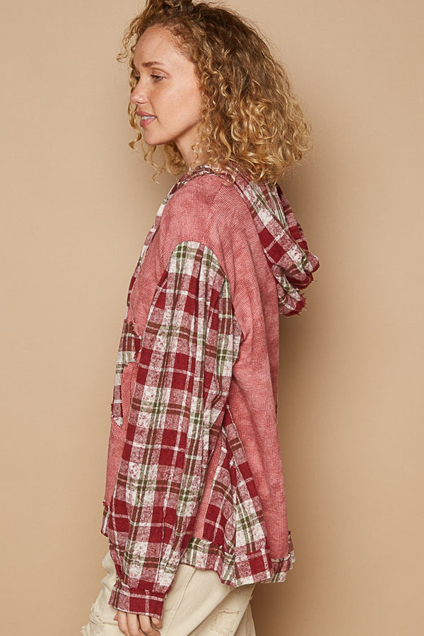 POL Star Patch Plaid Long Sleeve Hooded Top - Teresa's Fashionista LLC