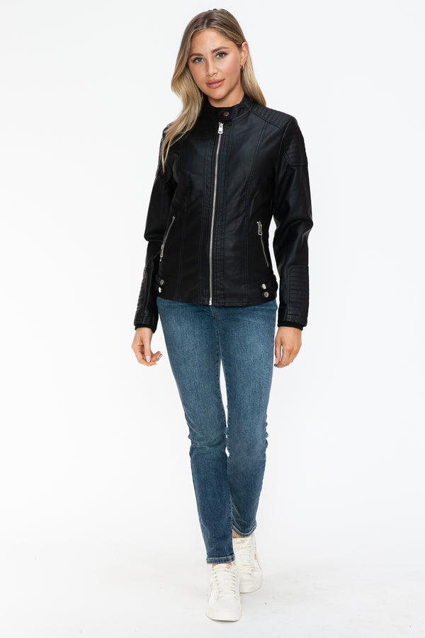 Snobbish Faux Leather Biker Jacket with Side Zip Pockets - Teresa's Fashionista LLC