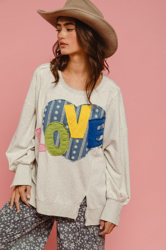 BiBi LOVE Heart Patch Slit French Terry Sweatshirt - Teresa's Fashionista LLC