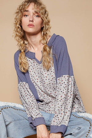 POL Waffle Knit Floral Notched Long Sleeve Top - Teresa's Fashionista LLC