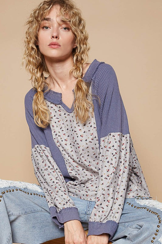 POL Waffle Knit Floral Notched Long Sleeve Top - Teresa's Fashionista LLC