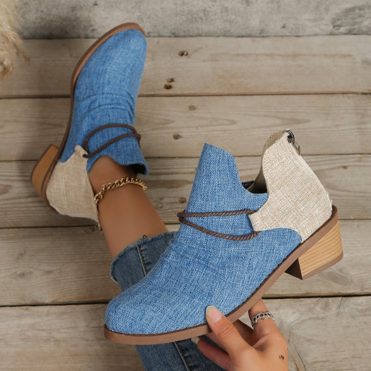Contrast Canvas Low Heel Boots-Teresa&#39;s Fashionista LLC