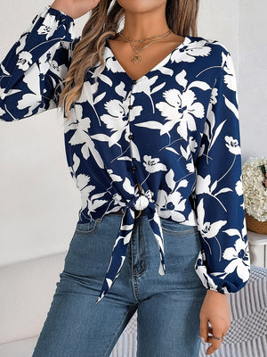 Printed V-Neck Long Sleeve Blouse-Teresa's Fashionista LLC