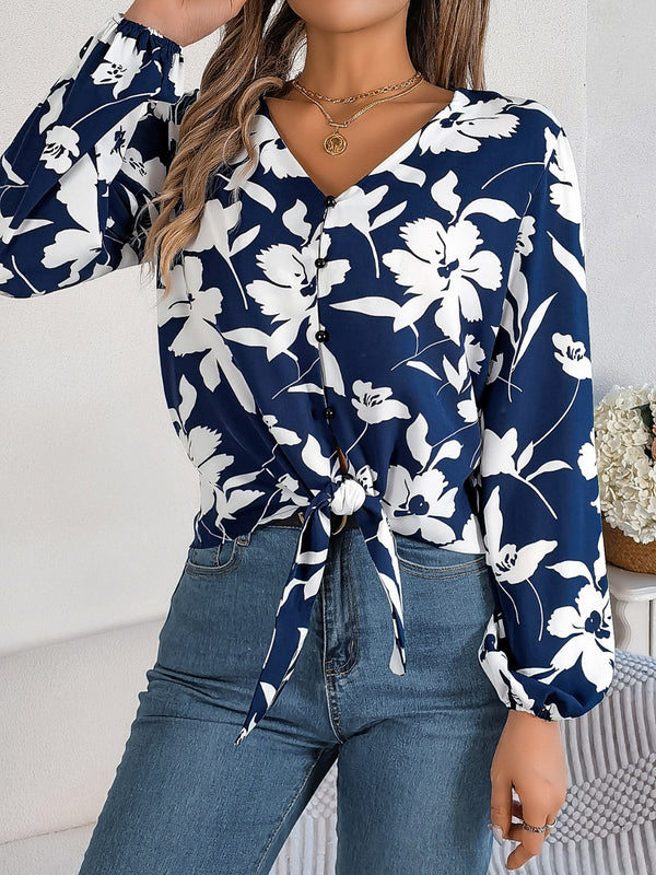 Printed V-Neck Long Sleeve Blouse-Teresa's Fashionista LLC
