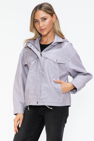 How Dare U Drawstring Hem PU Leather Zip Up Jacket - Teresa's Fashionista LLC