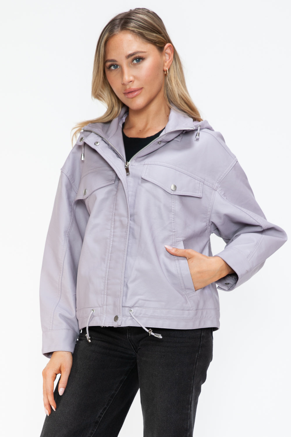 How Dare U Drawstring Hem PU Leather Zip Up Jacket - Teresa's Fashionista LLC