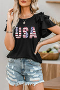 USA Round Neck Flounce Sleeve Top-Teresa's Fashionista LLC