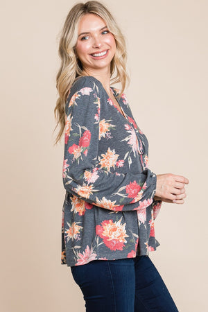 Super Lady Full Size Babydoll Floral Long Sleeve Blouse - Teresa's Fashionista LLC