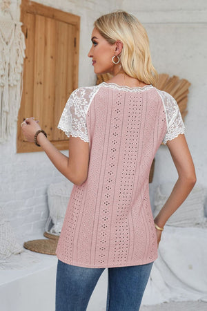 Eyelet V-Neck Lace Short Sleeve T-Shirt-Teresa's Fashionista LLC