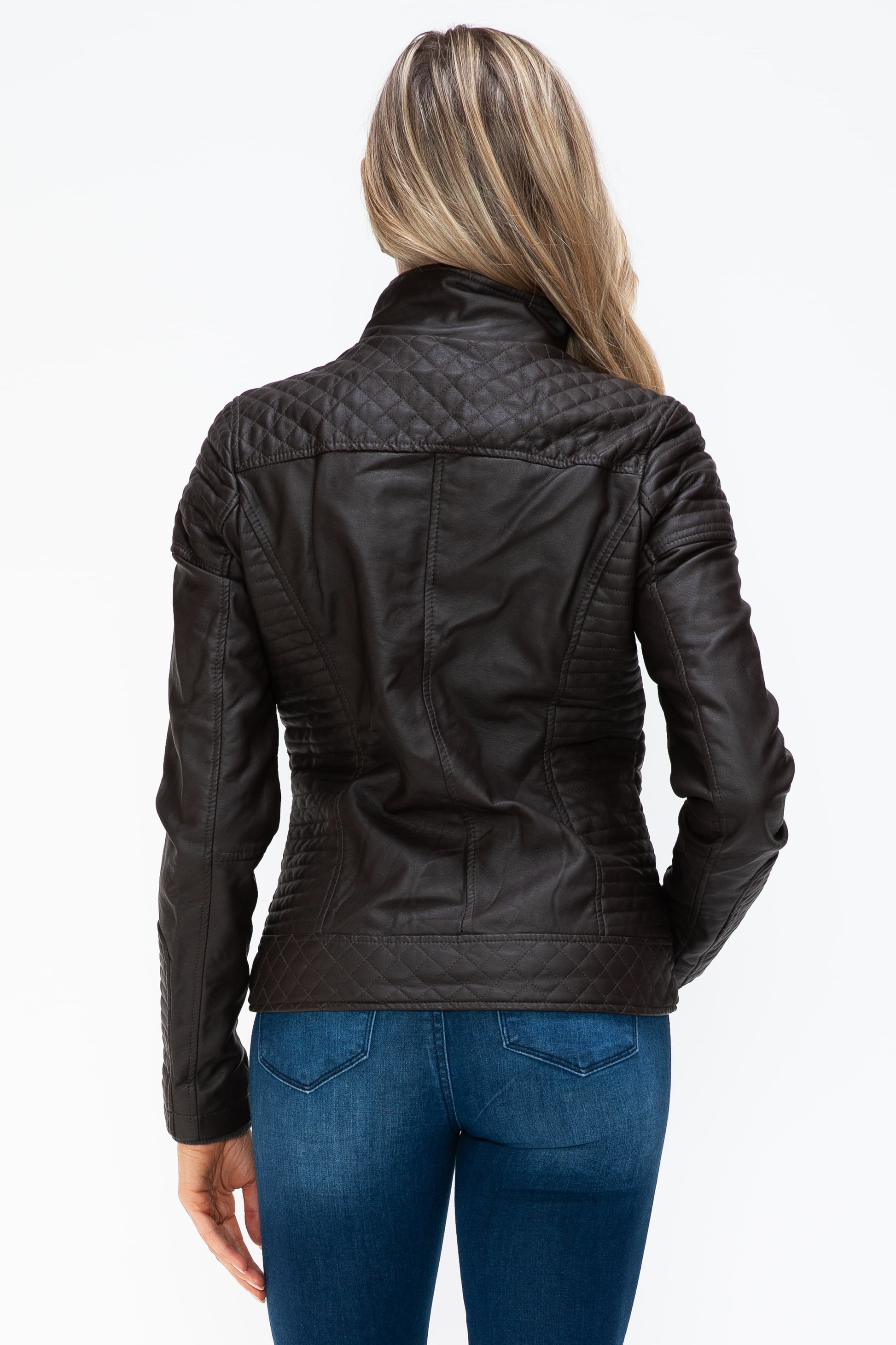 YMI Faux Layered Double-Zipper Jacket with Fuzzy Hood - Teresa's Fashionista LLC