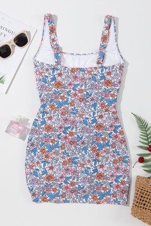 Drawstring Printed Wide Strap Swim Dress-Teresa's Fashionista LLC