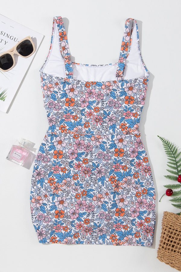 Drawstring Printed Wide Strap Swim Dress-Teresa's Fashionista LLC