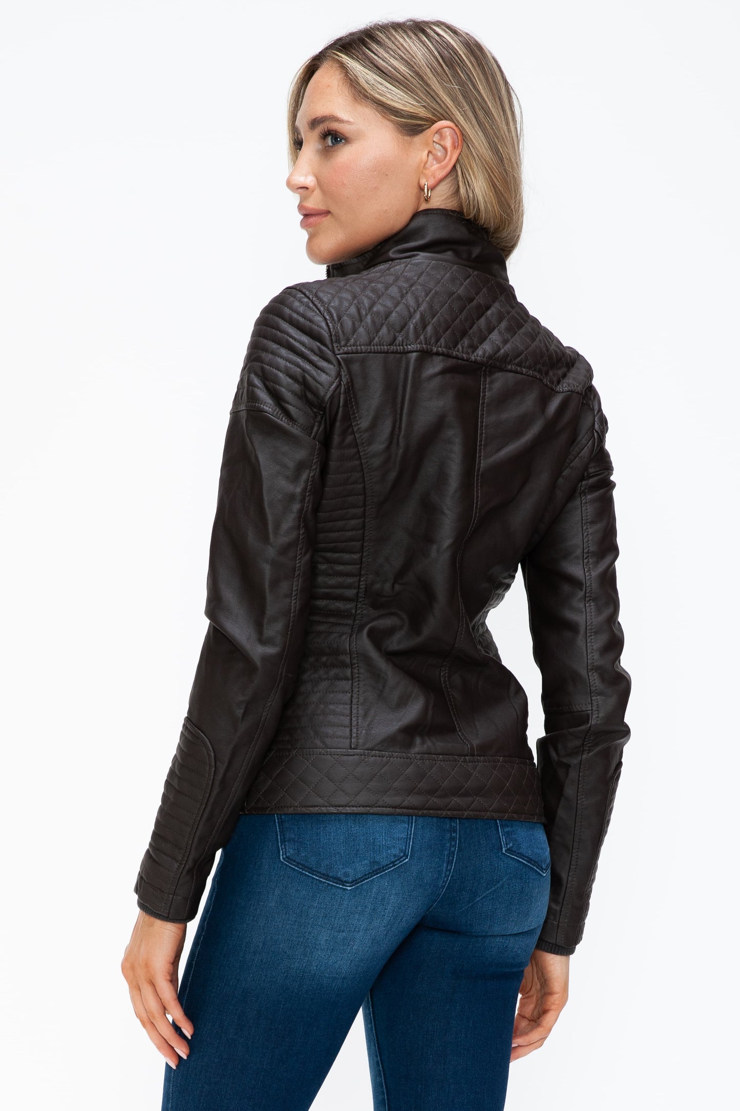 YMI Faux Layered Double-Zipper Jacket with Fuzzy Hood - Teresa's Fashionista LLC