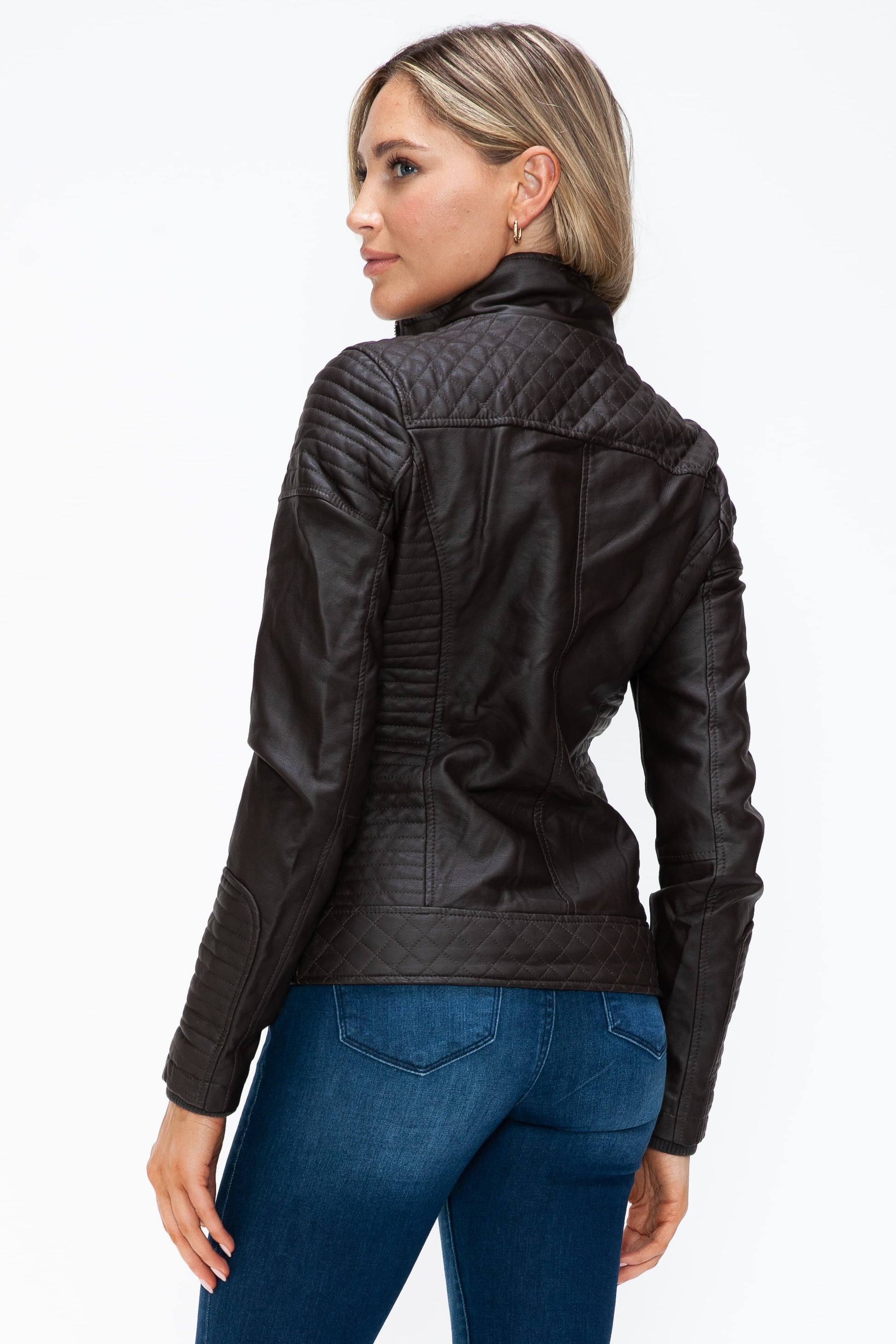 YMI Faux Layered Double-Zipper Jacket with Fuzzy Hood - Teresa's Fashionista LLC