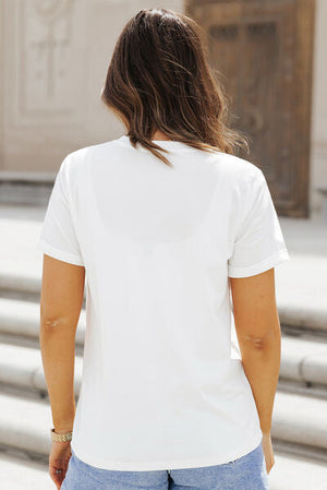 Sequin football round neck short sleeve t-shirt in white, rear view.