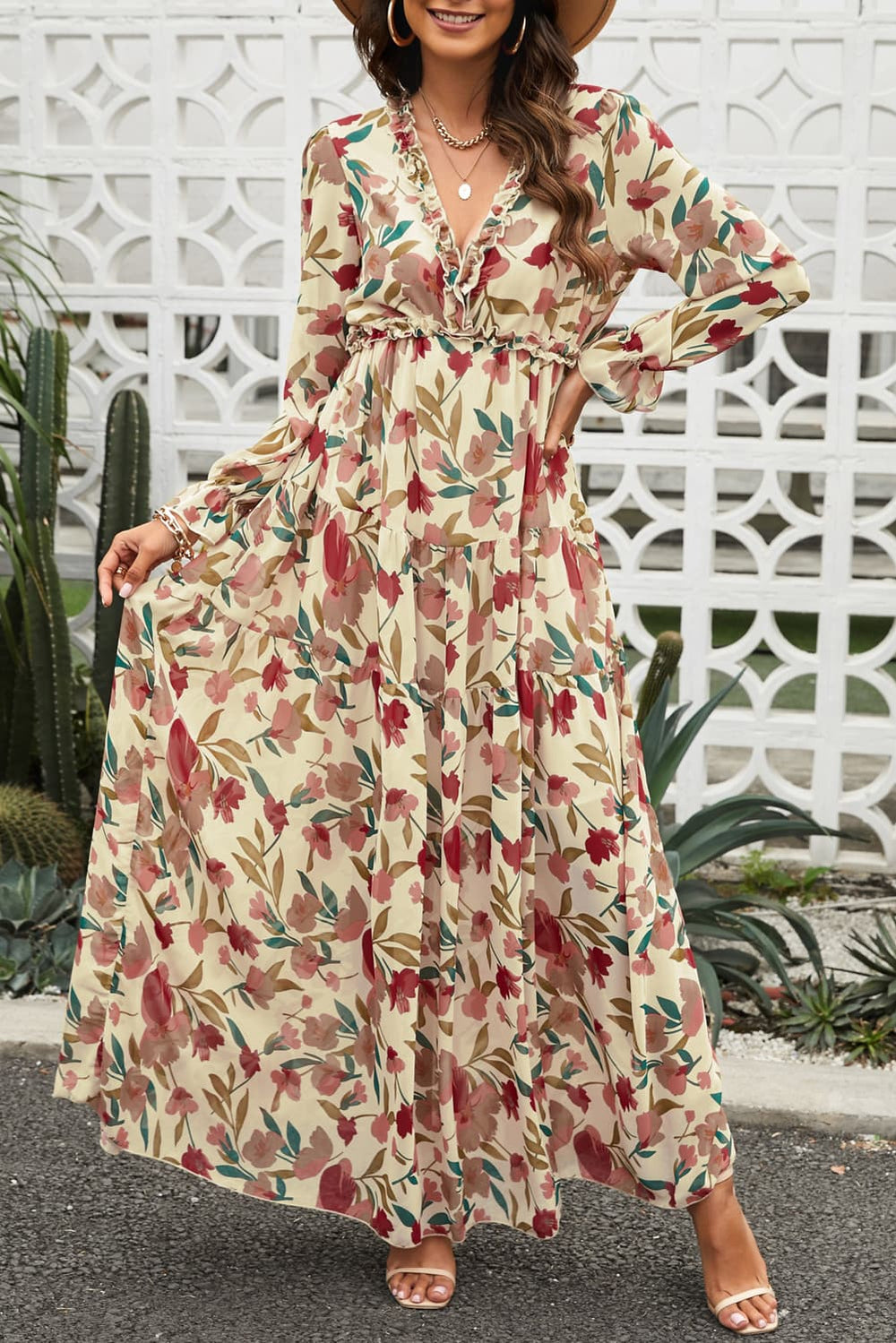 Floral Frill Trim Flounce Sleeve Plunge Maxi Dress-Teresa's Fashionista LLC