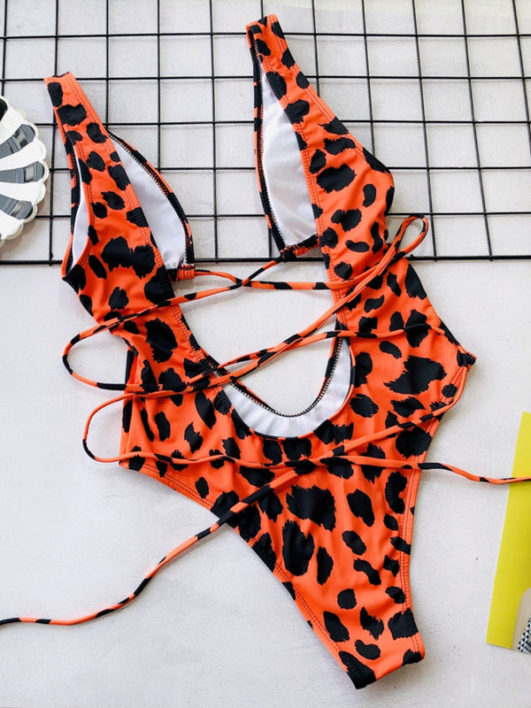 Lace-Up Backless Plunge One-Piece Swimwear-Teresa's Fashionista LLC