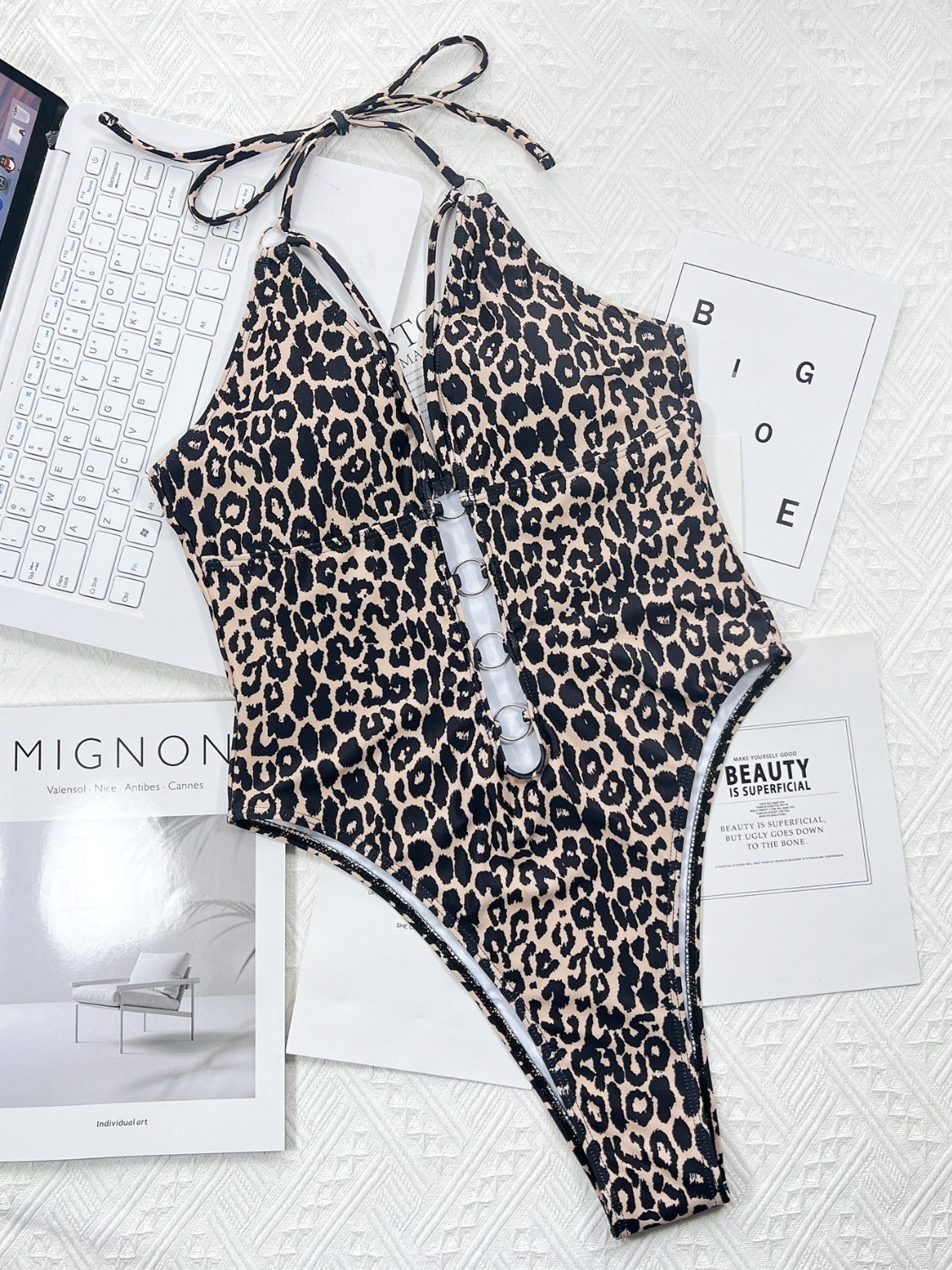 Leopard Cutout Halter Neck One-Piece Swimwear-Teresa&#39;s Fashionista LLC