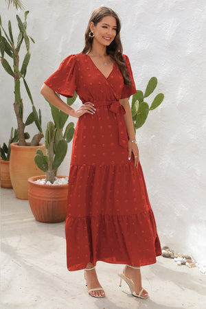 Swiss Dot Tied Surplice Short Sleeve Dress-Teresa's Fashionista LLC