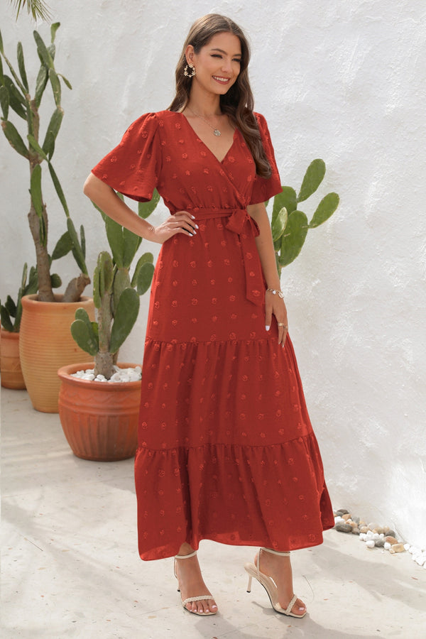 Swiss Dot Tied Surplice Short Sleeve Dress-Teresa's Fashionista LLC