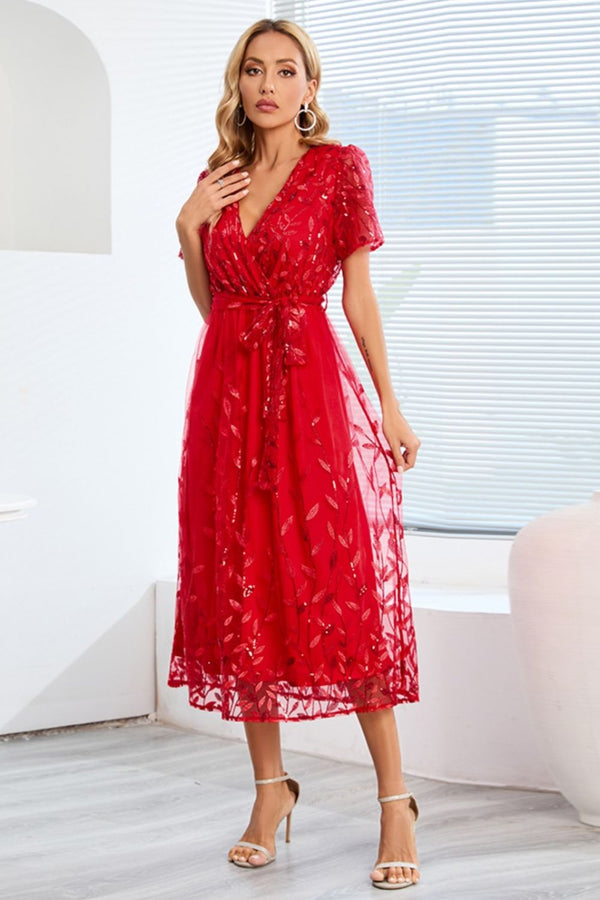 Sequin Leaf Embroidery Tie Front Short Sleeve Dress-Teresa's Fashionista LLC