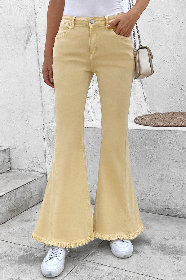 Raw Edge Mid Waist Flared Jeans with Pocket and Raw Hem, Slight Stretch.
