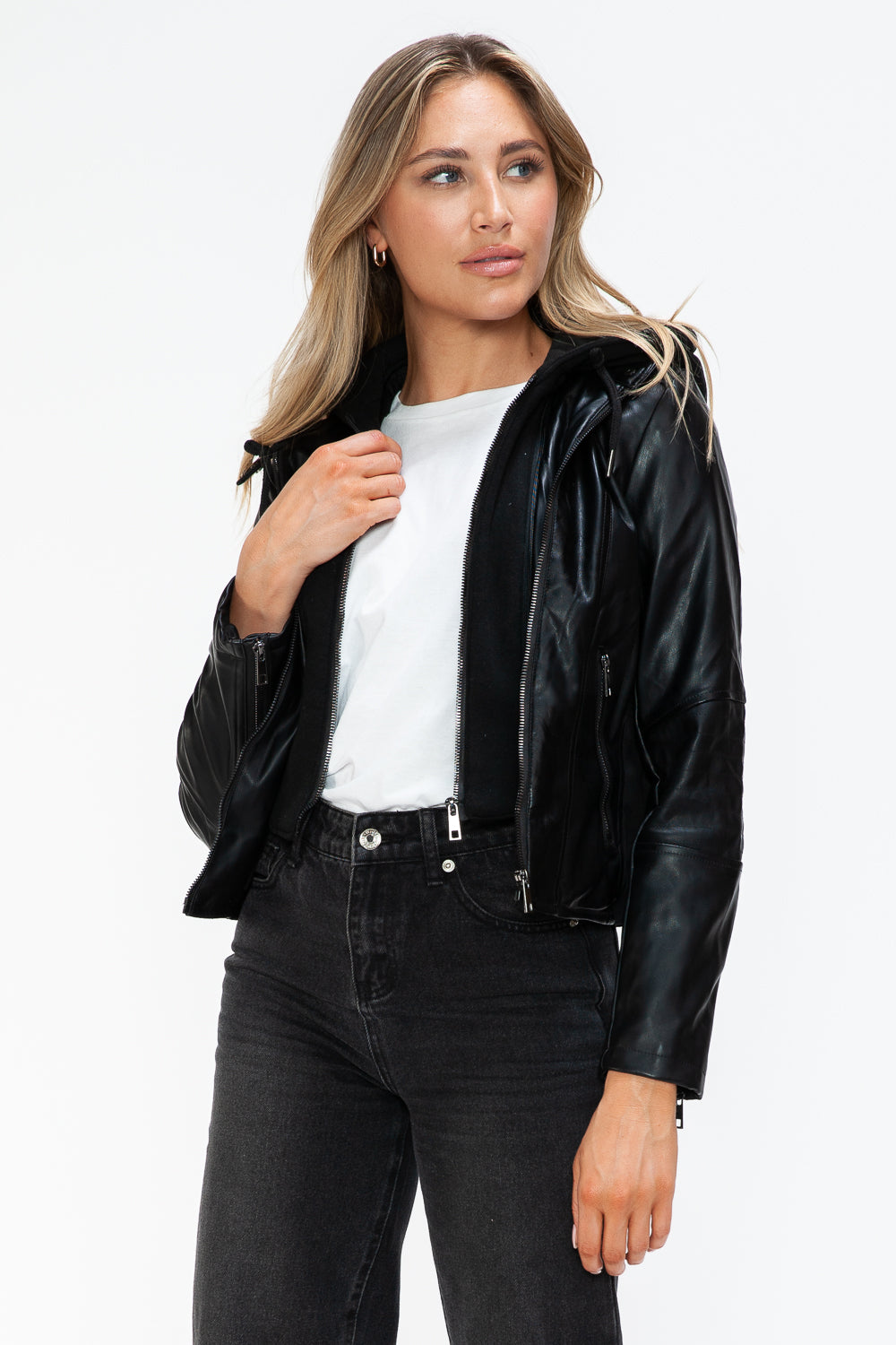 Snobbish Faux Leather Zip Up Drawstring Hooded Jacket - Teresa's Fashionista LLC