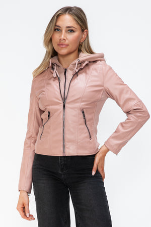 Snobbish Faux Leather Zip Up Drawstring Hooded Jacket - Teresa's Fashionista LLC