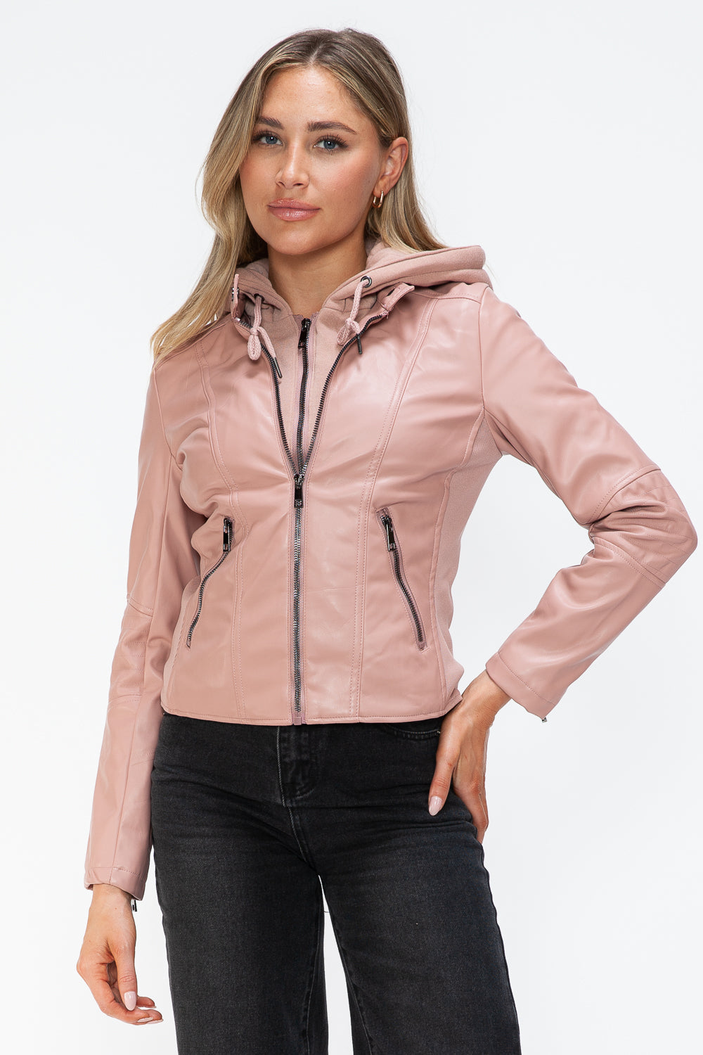 Snobbish Faux Leather Zip Up Drawstring Hooded Jacket - Teresa's Fashionista LLC