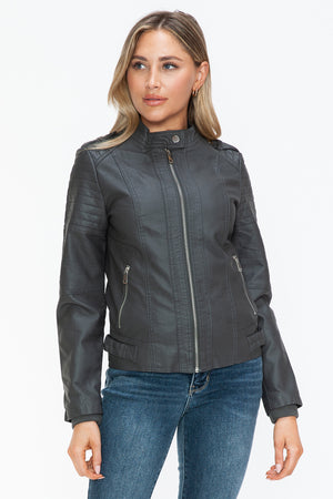 Snobbish PU Leather Biker Jacket with Side Zip Pockets - Teresa's Fashionista LLC