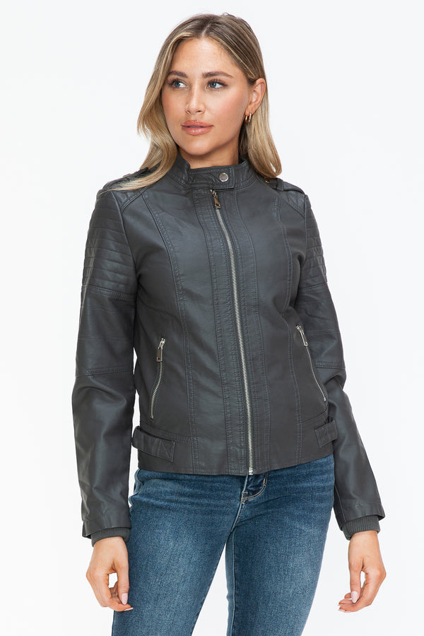 Snobbish PU Leather Biker Jacket with Side Zip Pockets - Teresa's Fashionista LLC