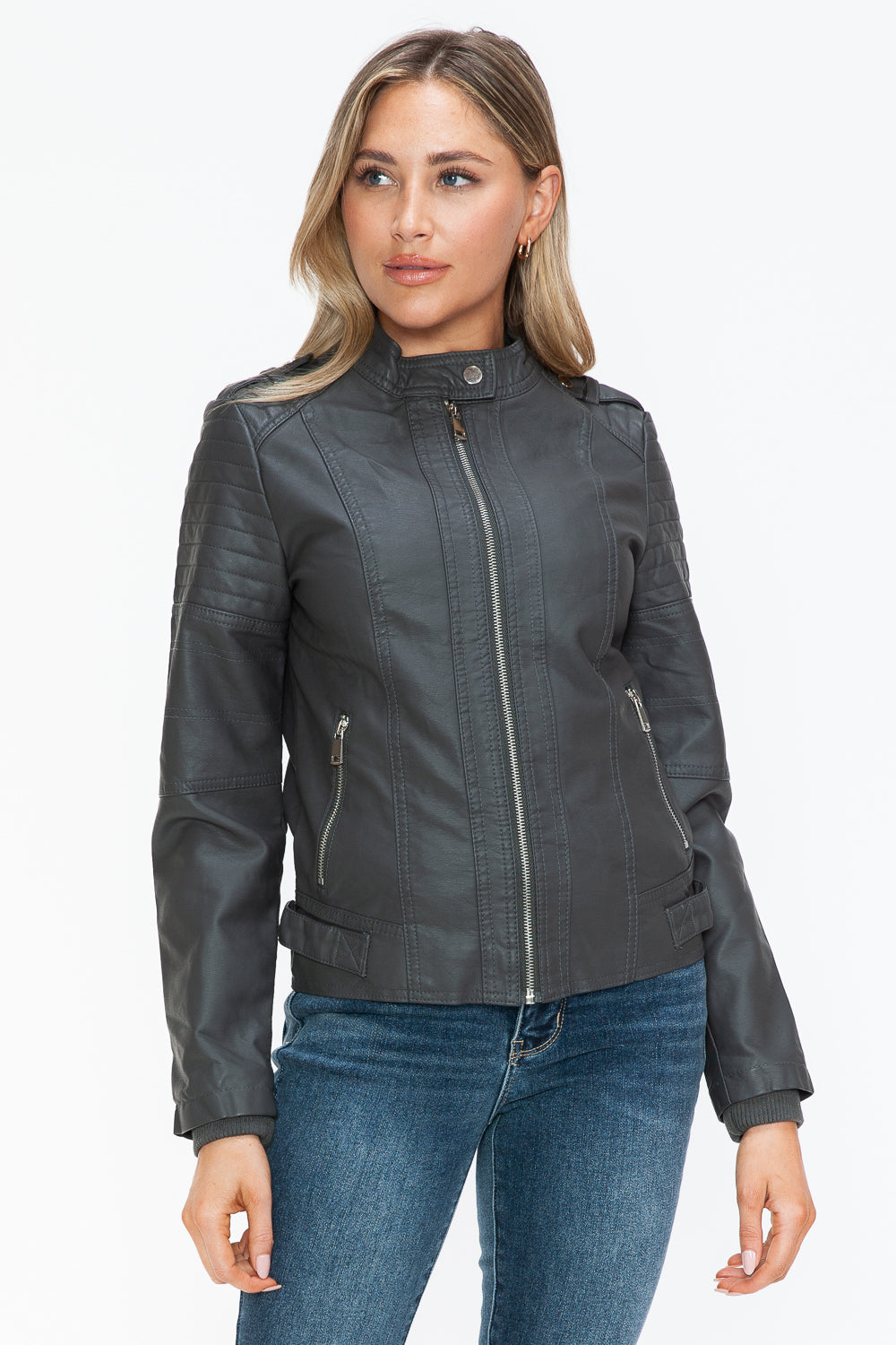 Snobbish PU Leather Biker Jacket with Side Zip Pockets - Teresa's Fashionista LLC