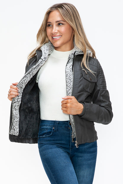 YMI Removable Faux Layered Multi-Pocket Jacket with Fuzzy Hood - Teresa's Fashionista LLC