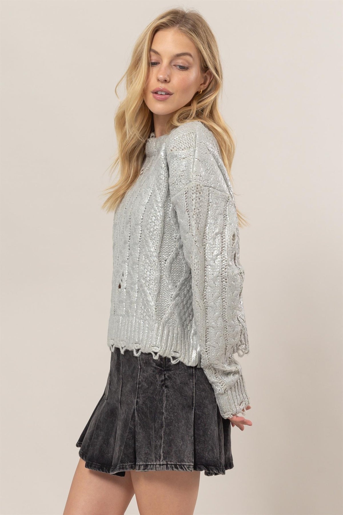 HYFVE Distressed Cable-Knit Round Neck Long Sleeve Sweater - Teresa's Fashionista LLC