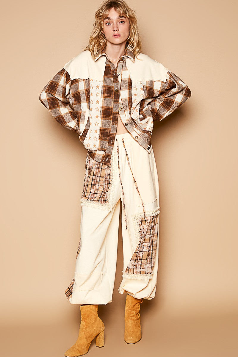 POL Plaid & Star Patchwork Contrast Long Sleeve Shacket - Teresa's Fashionista LLC
