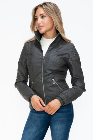 YMI Faux Layered Double-Zipper Jacket with Fuzzy Hood - Teresa's Fashionista LLC