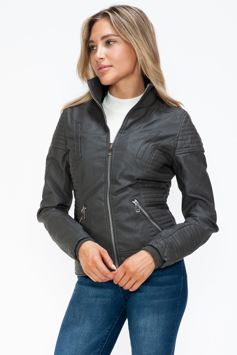 YMI Faux Layered Double-Zipper Jacket with Fuzzy Hood - Teresa's Fashionista LLC