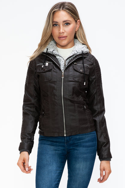 YMI Removable Faux Layered Multi-Pocket Jacket with Fuzzy Hood - Teresa's Fashionista LLC