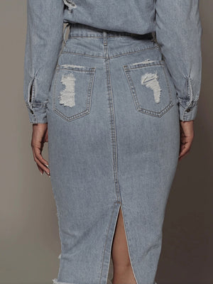 Distressed Slit Denim Skirt-Teresa's Fashionista LLC
